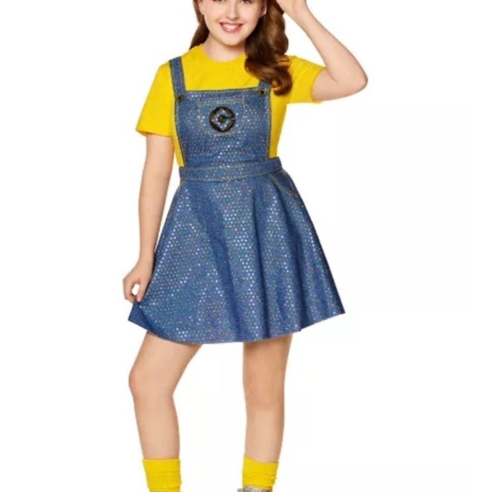 Minions Overall One Piece Dress Kids Medium Yellow Blue Sparkly Costume Cosplay